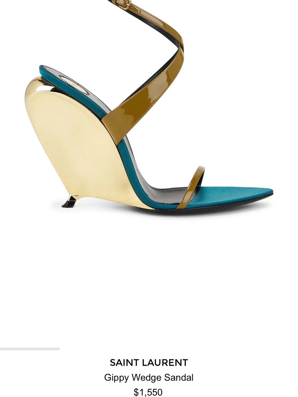 Saint Laurent Teal and Gold Gippy Wedge Sandal with Tan Straps